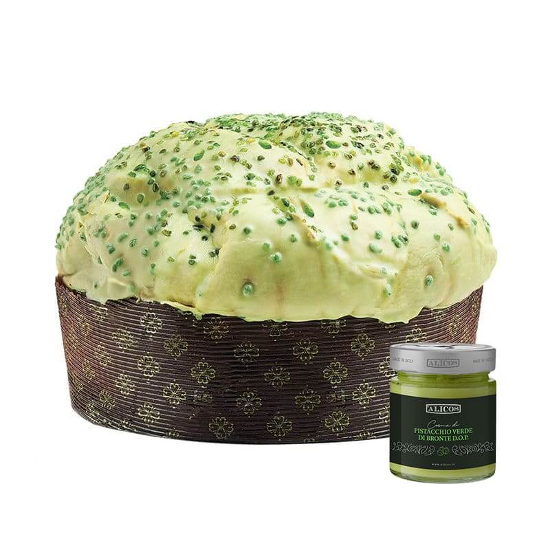Panettone Artigianale Siciliano al Pistacchio e Vasetto di Crema al Pistacchio con “Pistacchio verde di Bronte D.O.P.” Dolcemaestà - Alicos