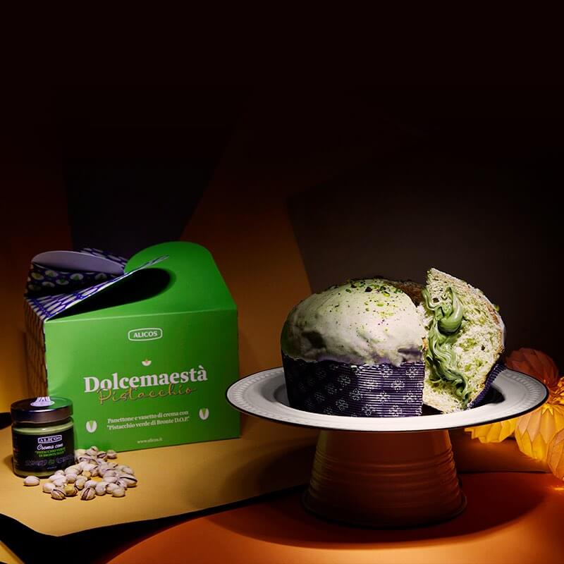 Panettone Artigianale Siciliano al Pistacchio e Vasetto di Crema al Pistacchio con “Pistacchio verde di Bronte D.O.P.” Dolcemaestà - Alicos