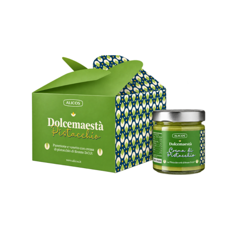 Sicilian Artisan Panettone with Pistachio and Jar of Pistachio Cream with “Green Pistachio from Bronte DOP” Dolcemaestà - Alicos