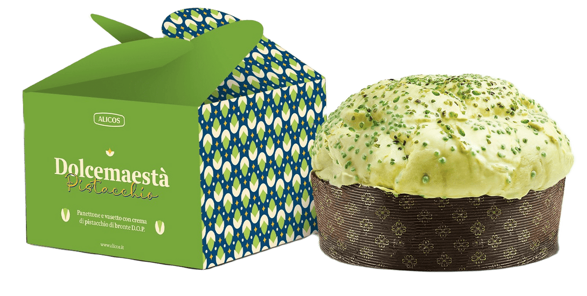 Sizilia nischer Artisan Panettone mit Pistazien-und Pistazien creme glas mit „ Grüner Pistazien di Bronte D.O.P. &ldquo;Dolcemaestà - Alicos