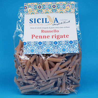 Pasta Penne Rigate Integral de los antiguos granos sicilianos Russello-Sicilia por supuesto