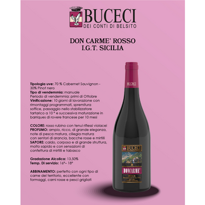 6 Bouteilles de Vin Don Carmè Rouge Bio Igt de Sicile - Buceci