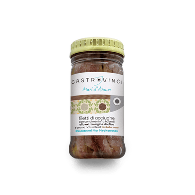Filetti di Acciughe Siciliane con Condimento Biologico a Base di Olio Extravergine di Oliva e Aroma Naturale al Tartufo Nero - Castrovinci